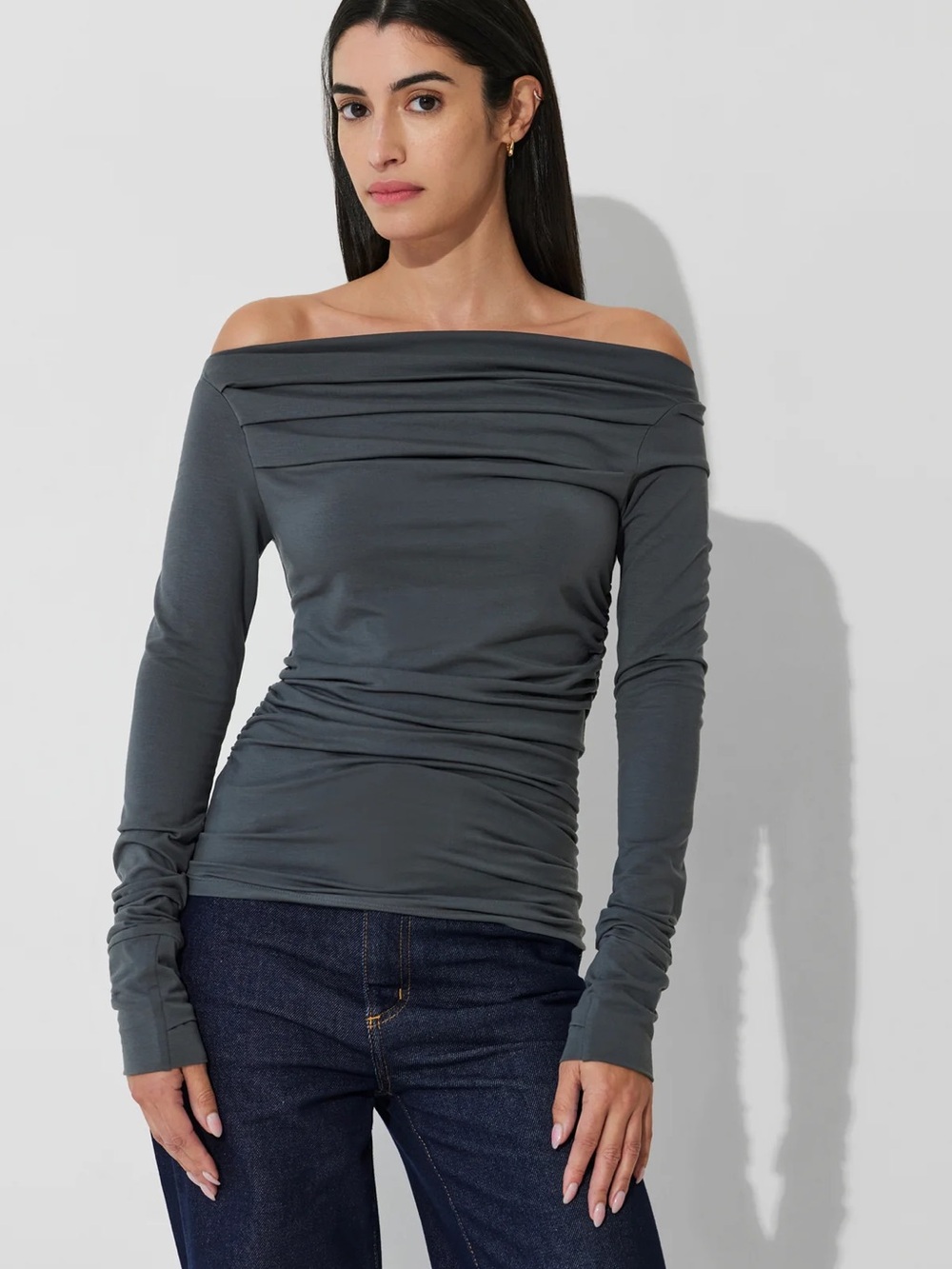 Off-the-Shoulder Long Sleeve Top in Slate Gray